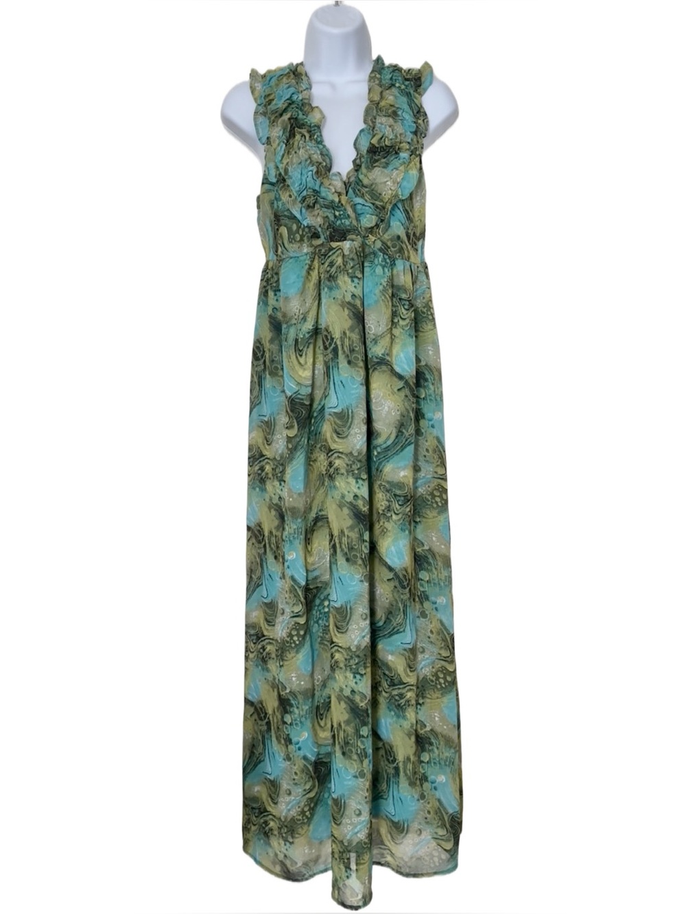 DIMRI Green & Teal Ruffled Strap Cinched Waist V Neck Flowy Maxi Dress Size S